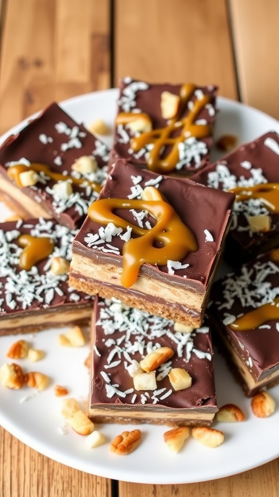 Nutritious 7 Layer Dessert Bars Nutritious 7 layer dessert bars with chocolate, coconut, and nuts, served on a wooden plate.